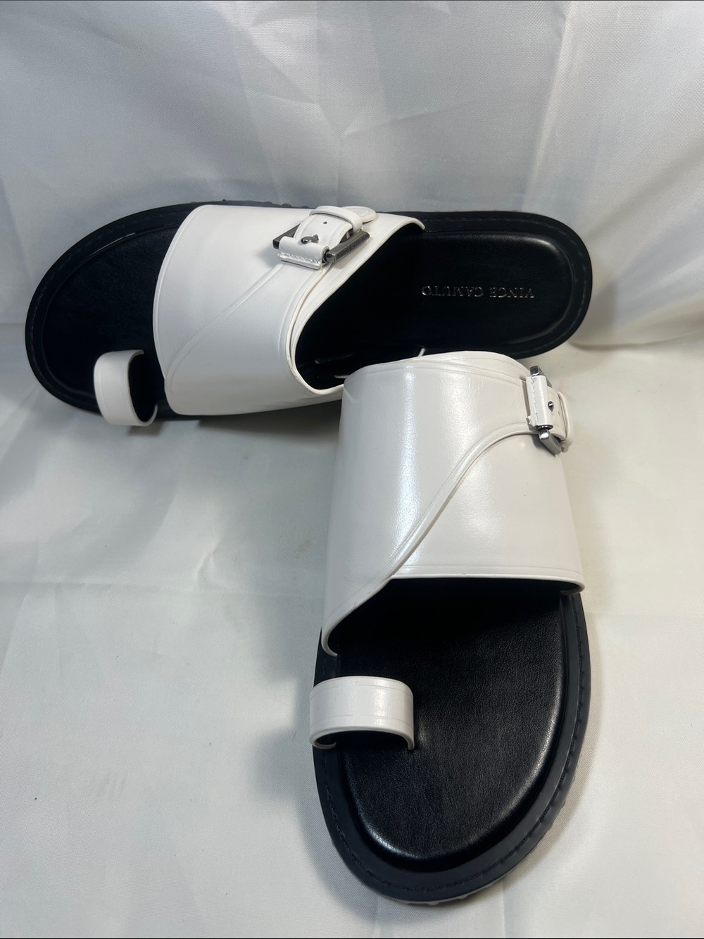 Vince Camuto White Slide Sandals with Buckle and Toe Loop